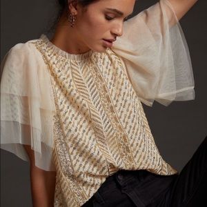 NEW Anthropologie Let Me Be Sequined Embroidered  Tulle Top Off-White Size XL